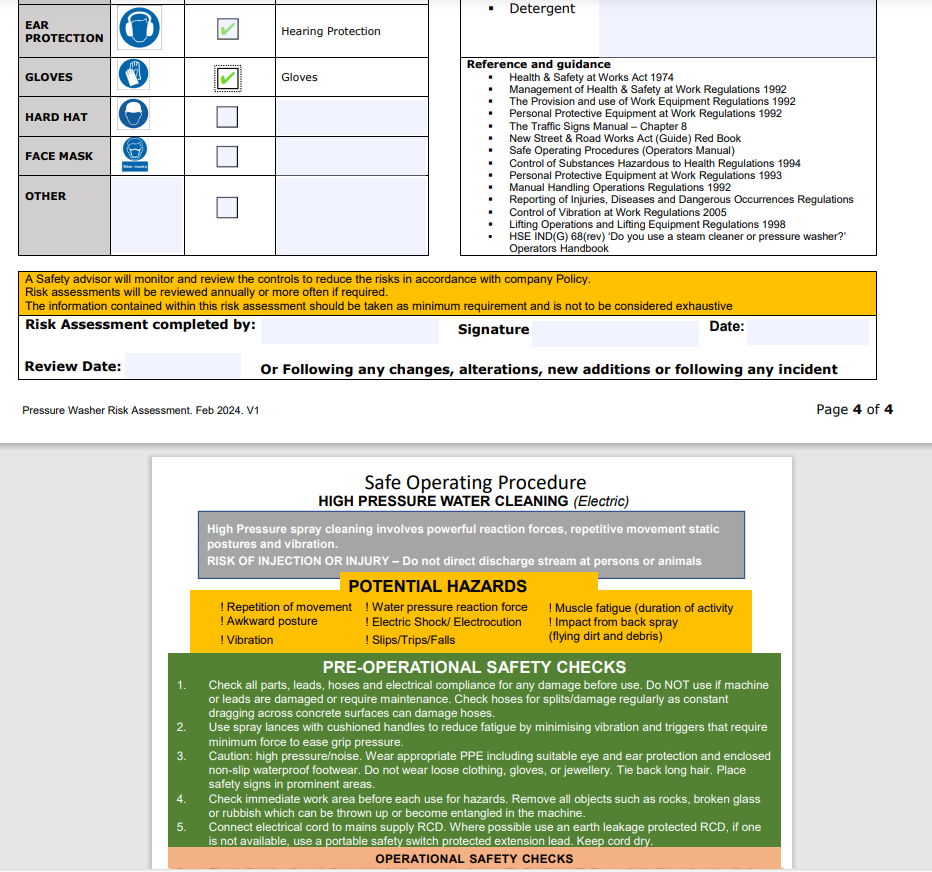 Pressure Washer (Cold Water) - Risk Assessment